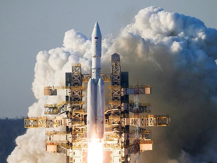 Angara A5 space rocket blasts off from its launchpad at the Vostochny Cosmodrome in the far eastern Amur region, Russia, on April 11, 2024. 