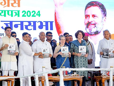 Congress President Mallikarjun Kharge, Sonia Gandhi, Priyanka Gandhi Vadra and others during the launch of the 'Congress Manifesto' during a public rally ahead of the Lok Sabha elections on April 6.  