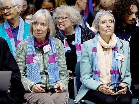File photo: Rosmarie Wydler-Walti and Anne Mahrer, of the Swiss elderly women group Senior Women for Climate Protection, attend the hearing of the court for the ruling in the climate case Verein KlimaSeniorinnen Schweiz and Others vs Switzerland, at the European Court of Human Rights (ECHR) in Strasbourg, France on April 9, 2024. 