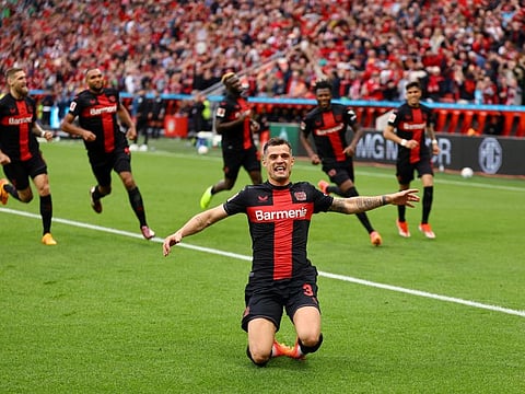 Bayer Leverkusen's Granit Xhaka celebrates scoring their second goal during a Bundesliga match against Werder Bremen on Sunday.