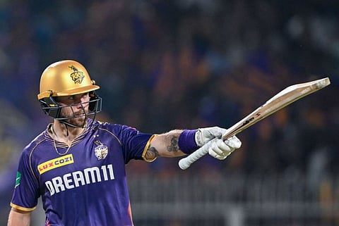 Kolkata Knight Riders' Phil Salt celebrates scoring a half-century during the Indian Premier League match against Lucknow Super Giants at the Eden Gardens in Kolkata on Sunday.