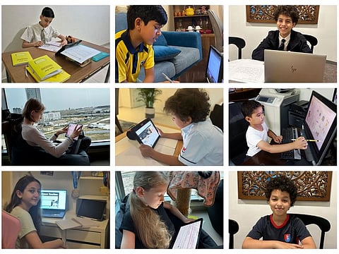 At home with schooling: UAE-based students (clockwise from top) Vivan Saklani, Deep Chatterjee, Mustafa Khalil, Bogdana Soroka, Selim Mohamed, Rashid Riaz Ahmed, Natalie Ghanem, Sofia Soroka and Adam Khalil studying from the comfort of their houses on Tuesday. 