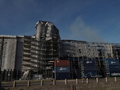 A view shows the fire damage of the Old Stock Exchange building in Copenhagen, Denmark, April 18, 2024.            