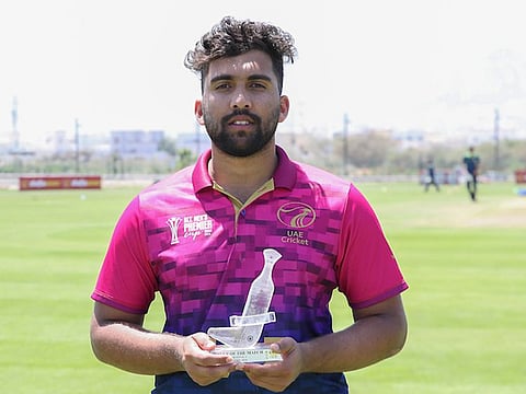 Opener Alishan Sharafu win the player of the match award after his unbeaten 55 guided UAE into Premier Cup final.