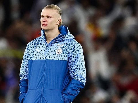 Manchester City's striker Erling Haaland reacts during the Uefa Champions League quarter-final second-leg against Real Madrid.