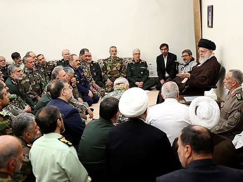 Iran's Supreme Leader Ayatollah Ali Khamenei speaks during a meeting with the commanders of the Iranian armed forces in Tehran on April 21, 2024.  