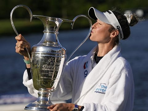 Nelly Korda celebrates her victory at the Chevron Championship