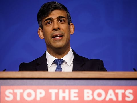Rishi Sunak during a news conference on his flagship Rwanda migration policy, in London, on Monday, April 22, 2024.  