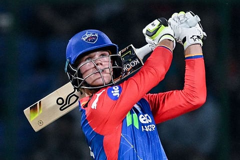 Delhi Capitals' Jake Fraser-McGurk watches his shot during the Indian Premier League match against Sunrisers Hyderabad at the Arun Jaitley Stadium in New Delhi on April 20.