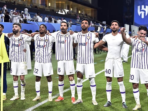 Al Ain players celebrate after the match after the Asian Champions League semi-final second leg against Al Hilal at Kingdom Arena, Riyadh, on Tuesday.