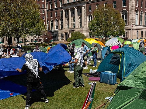 Demonstrators at the pro-Palestinian "Gaza Solidarity Encampment" on the West Lawn of Columbia University in New York City. 