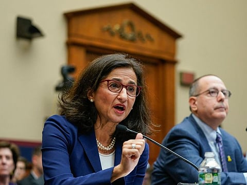 President of Columbia University Dr. Nemat (Minoeche) Shafik testifies during a House Committee on Education and the Workforce hearing about antisemitism on college campuses, on Capitol Hill in Washington, DC, on April 17, 2024.  