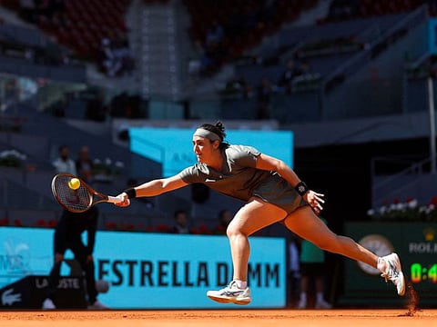 Tunisia's Ons Jabeur returns a ball to Latvia's Jelena Ostapenko during the 2024 WTA Tour Madrid Open tournament last 16 at Caja Magica in Madrid on Monday.