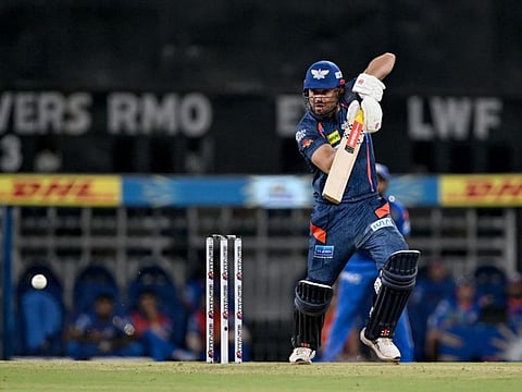Lucknow Super Giants' Marcus Stoinis in action during the Indian Premier League (IPL) Twenty20 cricket match against Mumbai Indians at the Ekana Cricket Stadium in Lucknow on Tuesday.