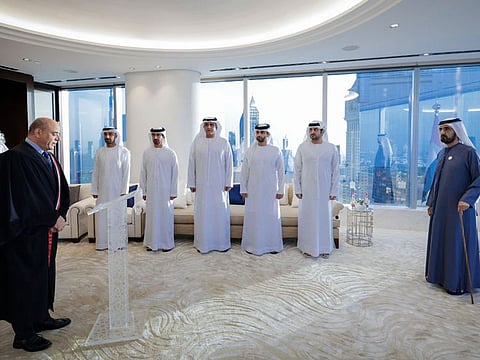  His Highness Sheikh Mohammed bin Rashid Al Maktoum, Vice President and Prime Minister of the UAE and Ruler of Dubai, presided over the swearing-in ceremony of five judges newly appointed to the Dubai Courts today.