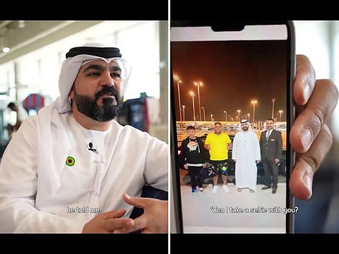Collage from video stills of Al Saeed showing a photo on his mobile phone of the boy (extreme left in group picture) before his departure