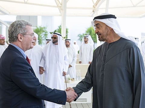 (R) President His Highness Sheikh Mohamed bin Zayed Al Nahyan greets Christopher Manfredi, Provost and Executive Vice President of McGill University during a Sea Palace barza on Tuesday in Abu Dhabi