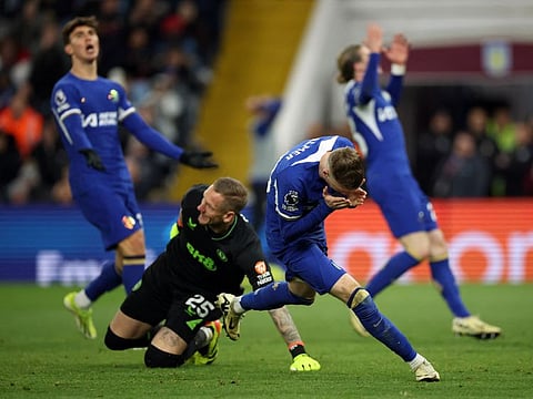 Chelsea's Cole Palmer reacts during a Premier League match against Aston Villa at Villa Park, Birmingham on April 27.