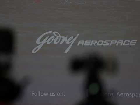 A Godrej Aerospace logo is pictured during a press conference outside the plant in Mumbai, India, July 10, 2023