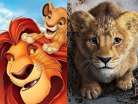 Movie stills from the 1994 movie (left) and the upcoming release Mufasa: The Lion King