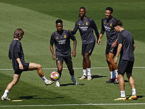 Real Madrid's Luka Modric with Vinicius Jr, Jude Bellingham, Eduardo Camavinga and teammates during a training at Ciudad Real Madrid, Valdebebas, Madrid, Spain on Tuesday.