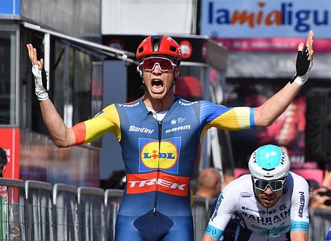 Lidl - Trek's Jonathan Milan celebrates winning stage 4 during the Giro d'Italia on Tuesday.