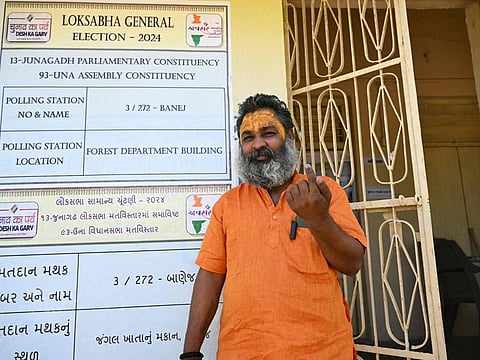 Hindu monk Mahant Haridas Udaseen, the sole registered voter at a polling station situated inside Gir Forest shows his inked finger after casting his ballot during the third phase of voting of Indias general elections in Banej, Gujarat , on May 7, 2024.  