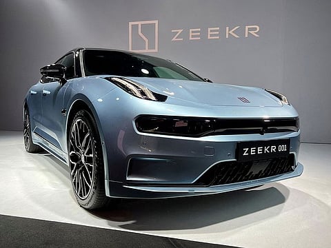 A Zeekr 001 is displayed during a launch event in Gothenburg, Sweden.