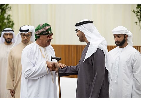 President His Highness Sheikh Mohamed bin Zayed Al Nahyan (2nd R) receiving condolences on Friday, in the presence of Sheikh Mansour bin Zayed Al Nahyan, Vice President, Deputy Prime Minister and Chairman of the Presidential Court (2nd L)