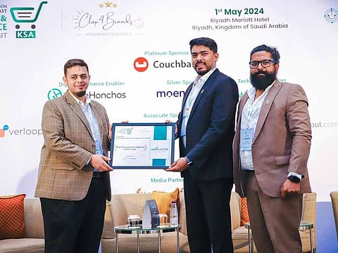 Jabir ML, Co-Founder and Chief Executive Officer of WebCastle Technologies (Middle) Suhail Iqbal Director and CGO of WebCastle Technologies (Right) receiving the Best E-Commerce Agency Award - KSA 2024 
