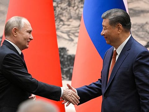 Russian President Vladimir Putin shakes hands with Chinese President Xi Jinping during a meeting in Beijing, China May 16, 2024.  Sputnik/Sergei Guneev/Pool via REUTERS ATTENTION EDITORS - THIS IMAGE WAS PROVIDED BY A THIRD PARTY.