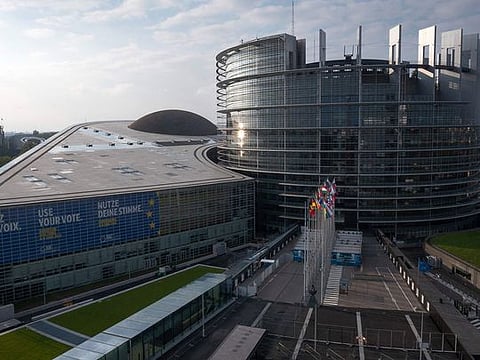 This photograph shows the facade of the European Parliament building, in Strasbourg