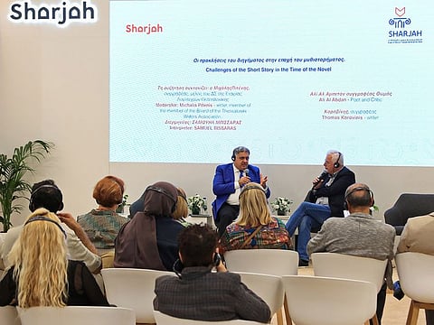 The session titled ‘Challenges of the Short Story in the Age of the Novel’ brought together Emirati poet and critic Ali Al Abdan alongside Greek author Thomas Korovinis