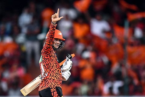 Sunrisers Hyderabad's Abhishek Sharma celebrates after scoring a half-century during the Indian Premier League (IPL) Twenty20 cricket match against Punjab Kings at the Rajiv Gandhi International Stadium in Hyderabad on Sunday.