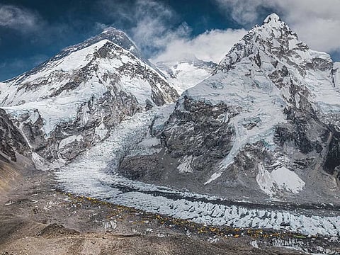 A drone view shows Mount Everest along with Khumbu Glacier and base camp in Nepal, April 30, 2024. 
