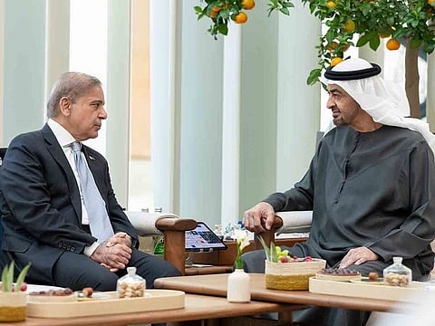Sheikh Mohamed bin Zayed Al Nahyan, President of the United Arab Emirates meets with Shehbaz Sharif, Prime Minister of Pakistan  at Al Shati Palace in Abu Dhabi..