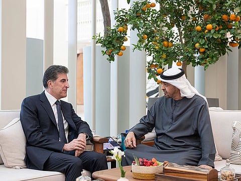 UAE President His Highness Sheikh Mohamed bin Zayed Al Nahyan, meets with Nechirvan Barzani, President of the Iraqi Kurdistan Region, at Al Shati Palace.