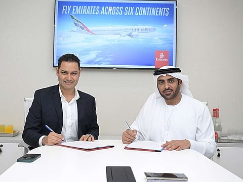 Geet Bhalla (left), Founder & Group CEO of Traveazy Group, and Khalid Bel Jaflah (right), Divisional Commercial Vice President UAE & Oman, Emirates Group