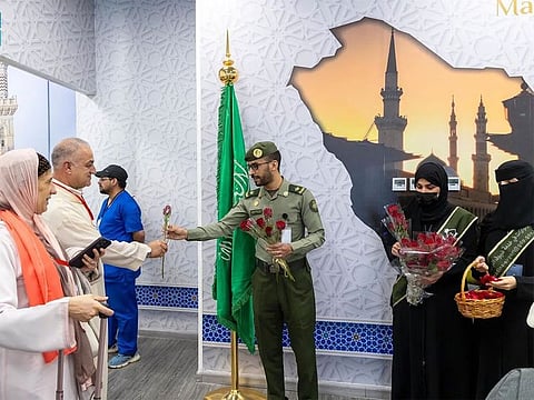 The first group of Moroccan pilgrims, benefitting from the Saudi package of Hajj-linked facilities known as the “Mecca Road” Initiative, arrive at Medina’s Prince Mohammed bin Abdul Aziz Airport on Saturday evening. 