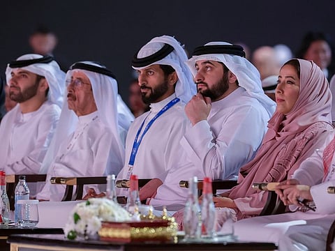 Sheikh Ahmed bin Mohammed bin Rashid Al Maktoum, Second Deputy Ruler of Dubai and Chairman of the Dubai Media Council, at the Arab Youth Media Forum on Monday. Also seen are Sheikh Nasser bin Hamad Al Khalifa, His Majesty the King’s Representative for Humanitarian Work and Youth Affairs, Kingdom of Bahrain; Sheikh Mansoor bin Mohammed bin Rashid Al Maktoum, Chairman of the Dubai Sports Council; Sheikh Hasher bin Maktoum bin Juma Al Maktoum; and Mona Al Marri, Vice Chairperson and Managing Director of the Dubai Media Council and President of the Dubai Press Club.
