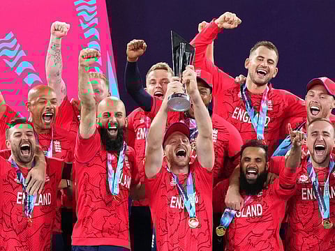 England captain Jos Buttler lifts the ICC Men's T20 World Cup Trophy after beating Pakistan in the final in Melbourne, Australia, on November 13, 2022. England will be aiming to win their third T20 title. 