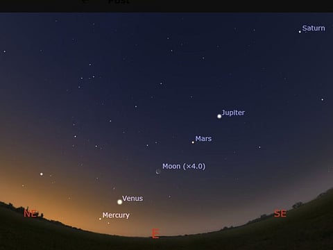 Four planets - Saturn,  Jupiter, Venus and Mars - will appear in alignment on the night of January 25, with the possibility of Uranus and Neptune also being spotted.