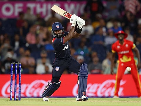 Aaron Jones of USA bats during the ICC Men's T20 Cricket World Cup match against Canada at Grand Prairie Cricket Stadium on Saturday.