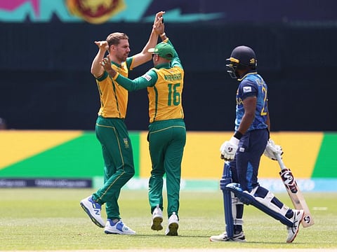 Anrich Nortje of South Africa celebrates the wicket of Kamindu Mendis of Sri Lanka during the ICC Men's T20 Cricket World Cup match at Nassau County International Cricket Stadium on Monday.