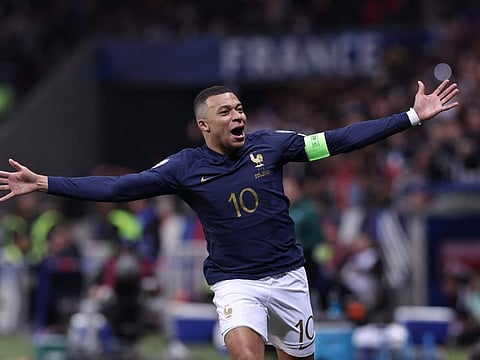 France's forward Kylian Mbappe celebrates after scoring a goal during the Euro 2024 Group B qualifying football match against Gibraltar at the Allianz Riviera stadium in Nice on November 18, 2023.