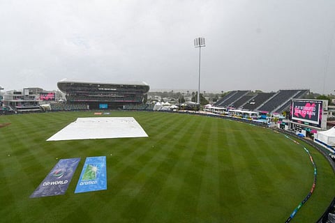 Rain interrupted play during the ICC Men's T20 CWC group B match between England and Scotland at Kensington Oval, Bridgetown, Barbados, on Tuesday.
