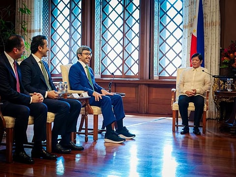 Philippine President Ferdinand Marcos Jr (right) welcomed UAE Foreign Minister Sheikh Abdulla Bin Zayed at the Malacañang Palace in Manila on Tuesday (June 4, 2024).