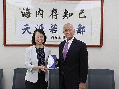  From left to right, Professor Hossam Hamdy, Chancellor of Gulf Medical University felicitated by Prof. Duan Liping, Vice President, Peking University Health Science Center during his recent visit to China