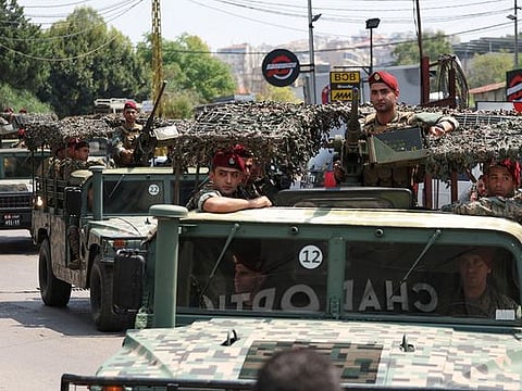 Lebanese soldiers patrol the area near the US embassy in Awkar, Lebanon, on June 5, 2024.  