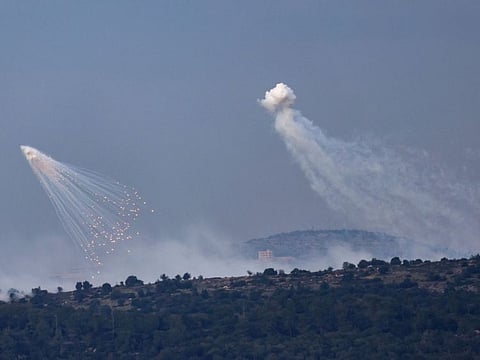 Shells exploding over hills around the southern Lebanese village of Aita Al Shaab. Lebanon has accused Israel of using controversial white phosphorus rounds, in attacks authorities say have harmed civilians and the environment.